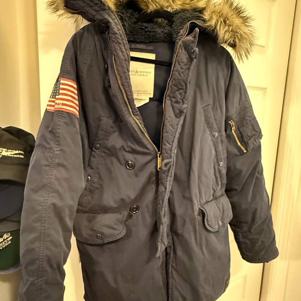 Denim & Supply Ralph Lauren Navy Military Field Jacket with Faux Fur Trim